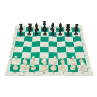Tournament Chess Set Plastic Filled Chess Pieces and Green Roll-up Vinyl Chess Board Game with Bag