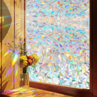 0.45x5m Rainbow Window Film Sticker 3D Etching Process UV Protection Electrostatic Film Stained Glass Window Tint for Home