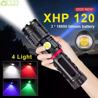 XHP120 16芯4色LED手電筒USB可充電變焦COB戶外戰術強力手電筒使用3x18650電池