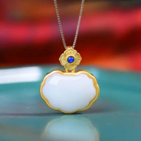 Creative Design Natural Hetian White Jade Lapis Lazuli Pendant Ladies Necklace Chinese Style Vintage Gilt Craft Jewelry