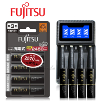 日本 Fujitsu 低自放電3號2450mAh充電電池組(3號4入+四槽USB充電器+送電池盒)