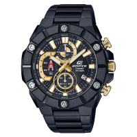 【CASIO 卡西歐】EDIFICE 奢華金鑽型男三眼錶 不銹鋼錶帶 黑金 防水100米 日期顯示(EFR-569DC-1A)