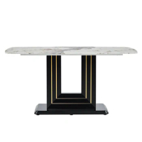 63" Marble Dining Table, Luxurious Dining Room Table with Faux Marble Top and U-Shape MDF Base, Modern Kitchen Dining Table
