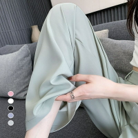 小個子長褲 冰絲長褲 顯瘦寬褲 垂墜感寬褲 鬆緊寬褲 小個子寬褲  矮個子長褲 休閒褲女夏季綠色西裝褲薄款真冰絲垂墜感闊