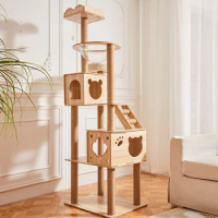 Solid Wooden Cat Tower Nest Condo Space Capsule Cat Climbing Frame with Slide Cat Litter Box Tree House Scratcher Pet Supplies