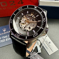 MASERATI手錶,編號R8821140003,44mm銀圓形精鋼錶殼,黑色, 雙面機械鏤空鏤空, 中三針顯示, 水鬼, 可旋轉錶面,深黑色真皮皮革錶帶款,龍年雕刻限量款