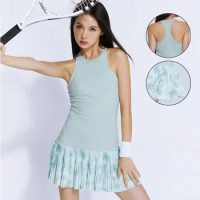 Summer Breathable Tennis Dress Women Sleeveless Fitness Yoga Dress Girl Printing Outdoor Sport Skirt with Short Badminton Skort