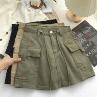 Army Green Short Cargo Skirt Women Drawstring High Waist Mini Skirts Female Y2K Streetwear Big Pocket A-Line Skirts De Mujer
