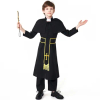 Boys Kids Religious Pastor Father Priest Costume Halloween Children Role Play Outfit Fantasia Cosplay Clothing Performance Wear