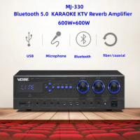MJ-330 Bluetooth 5.0 600W*2 Stereo HIFI Stage Home KARAOKE KTV Reverb Audio Amplifier With USB Fiber Coaxial Microphone Input