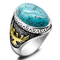 New Turkey S925 Sterling Silver Domineering Eagle Ring Turquoise Ring 925 Silver Men's Ring Pattern Jewelry Gold DropShipping