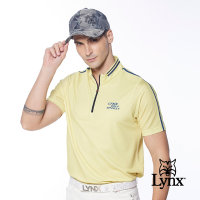【Lynx Golf】男款吸汗速乾涼感Mesh洞洞布異材質剪接短袖立領POLO衫/高爾夫球衫-黃色