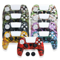 HOTHINK 1set Water Transfer Printing Silicone Case with Thumb Caps for PS5 Controller Anti-slip Cover Skin for PlayStation 5