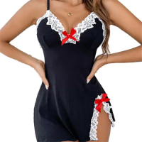 Sexy Dress Women Bow Lace Jumpsuits Maid Lingerie Baby Doll Mini Dress Sexy Lingerie Woman Porno Underwear For Sex Nightwear