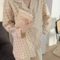 Women's Floral Print Pajama Set Autumn Single Breasted Ladies Sleepwear 2 Pcs with Pant Long Sleeve Pyjama Suit for Female