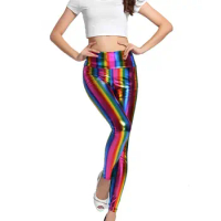Pants Ladies Adult Disco Fancy Stripe Leather Pants Retro Rainbow Pants Leggings
