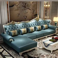 European style light luxury corner leather modern blue L-shaped net red combination solid wood luxury American sofa