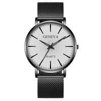 Geneva 日內瓦-莫里斯網紋簡約刻度米蘭帶手錶-黑帶白盤黑框/40mm