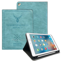 二代筆槽版 VXTRA iPad Air/Air 2/Pro 9.7吋 北歐鹿紋平板皮套 保護套(蒂芬藍綠)