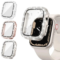 Glass+Diamond Cover For Apple watch case 40mm 44mm 41mm 45mm 38mm 42mm Bling Bumper Protector iWatch series 9 3 5 6 7 8 se case