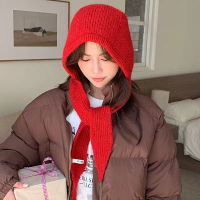 Korean Red Balaclava Hat for Women Winter Warm Ear Protection Knitted Hat with Neck Warmer Integrate