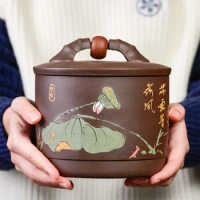 sealed tea canister lotus relief handpainted Chinese tea jar with lid storage loose tea true yixing zisha health care caddy new
