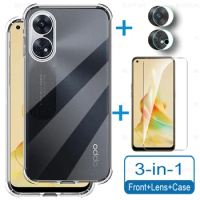 3in1 Clear Soft Cover For Oppo Reno8 T 4G Case Tempered Glass Lens Film Reno 8 T4G 8T T8 Reno8T CPH2481 Screen Protector Shell