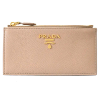 【PRADA 普拉達】經典LOGO小羊皮信用卡名片手拿包零錢包(駝色 大款)