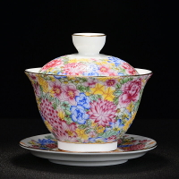 陶瓷蓋碗茶杯茶具手繪琺瑯彩三才蓋碗中號仿古萬花蓋碗粉彩泡茶杯