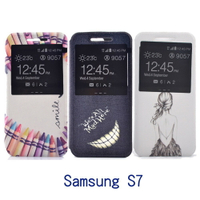 Samsung S7 時尚彩繪手機皮套 側掀支架式皮套 仙境遊蹤/少女背影/蠟筆拼盤