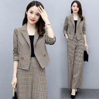 Blazer set Korean women plaid suit blazer thin coat long pants sets premium formal business suit office plus size