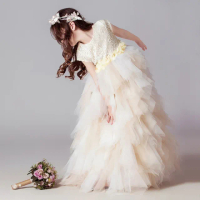 【橘魔法】氣質珍珠花朵 蕾絲蛋糕澎澎長紗裙禮服(大童 花童 畢業 禮服 全家福 婚禮 紗裙 女童 童裝)