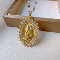 Modern retro Our Lady of Mary necklace pendant that reflects personal faith; subtly luxurious and el