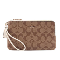 【COACH】PVC LOGO皮革雙層手拿包(卡其/白色)