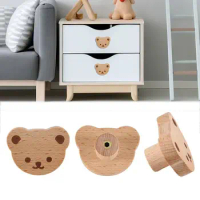 Wooden Drawer Handle Cute Little Bear Pattern Cupboard Knob for Kids Home Single Hole Handle with Screw Furniture Accessories