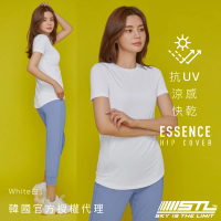 【STL】韓國瑜伽 ESSENCE 女 運動機能 圓領 短袖 上衣 涼感 長版 微腰身 半蓋臀(White白)