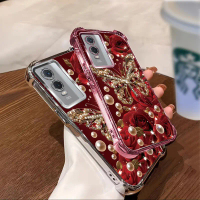 เคสโทรศัพท์, สำหรับ Vivo Y76 5G และ Y76S, ลายผีเสื้อมุกสีแดงหรูหรา, กันกระแทก