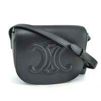 【CELINE】FOLCO Triomphe 黑色浮雕凱旋門牛皮斜背馬鞍包(展示品)