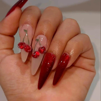 Valentines Day Nails Stiletto Press Ons Long Almond Shape - 3d Cherry and Cat eye Design for Women a