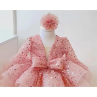 Pink Flower Baby Girl Dress Sparkling Fluffy Tutu Puffy Short Girl Wedding Bridesmaid Birthday Party First Communion Ball Gown