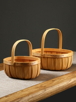 日式木片手工編織籃子 面包水果野餐提籃 家用客廳零食雜物收納筐