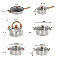 Qme- Panci Set Stainless Steel 6 Pcs Dengan Teko Stainless Panci Serbaguna Kitchenware Bermotif Kayu
