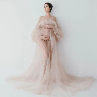 Elegant Bridal Tulle Maternity Dresses Robes for Photography Sheer Robe Puffy Sleeve Fluffy Tulle Maternity Dressing Gowns