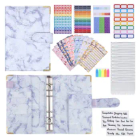A6 Binder Notebook, Marble Ring Binder with Clear Plastic Binder Covers, Budget Sheets, Label Stickers, Binder Bag Blue