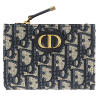 DIOR 迪奧 MONTAIGNE 藍色緹花布拉鍊短夾(6卡)