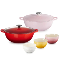 【Le Creuset】琺瑯鑄鐵媽咪鍋 28cm 雪紡粉/櫻桃紅 2色選1(贈韓式飯碗3入)