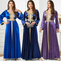 Abaya For Women Stickers V-neck Velvet Dress For Wedding Party Ramadan Muslim Autumn/Inter Arabic Apparel Bright Dress Dubai