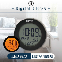 RHYTHM CLOCK 日本麗聲鐘 工業設計溫度顯示LED夜燈圓形電子鬧鐘(黑色)/9.2cm