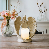 歐式復古做舊翅膀天使LED蠟燭臺擺件美式人物雕像裝飾小擺設禮物
