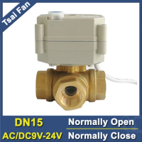 AC/DC9-24V 2 Wires Metal Gear DN15 3 Way T/L Type Power failure safe Motorized Ball Valve Brass with manual override